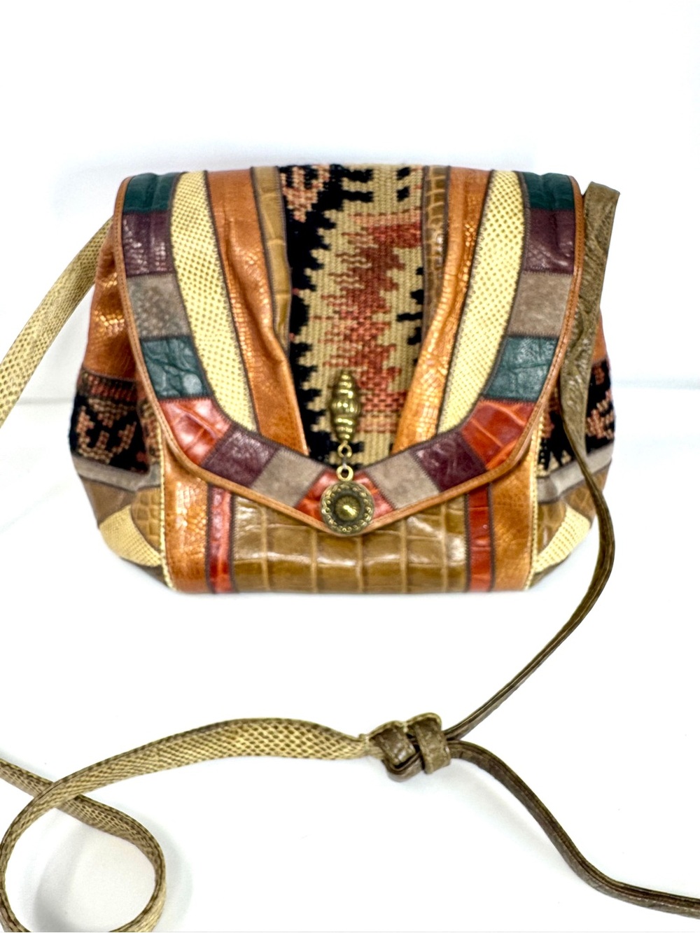 Vintage 80s SHARIF 1827 NY Patchwork Leather & Tapestry Shoulder Crossbody Bag